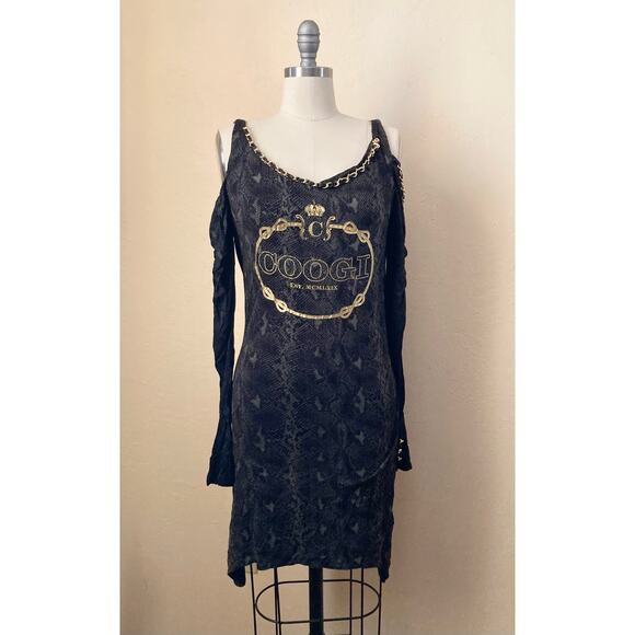 Coogi Women's Dress Size M Black Snake Skin Print Gold Chain Cold Shoulder - Picture 2 of 7